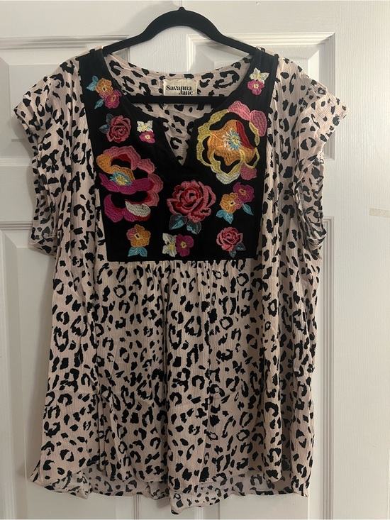 Savanna Jane Tops - Savanna Jane Pink & Black Leopard Embroidered Floral Blouse